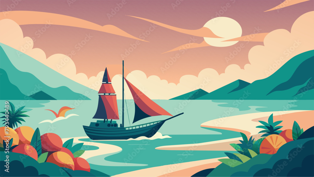 Naklejka premium A seascape featuring a ship with sails made of exotic es sailing through choppy waves towards an uncharted island full of tropical fruits and