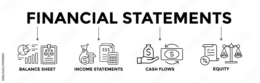 Financial statements banner icons set with black outline icon of graph, balance sheet, pie chart, income statements, money, calculator, income, earning, cash flow, equity, and balance Financial statements banner icons set with black outline icon of graph, balance sheet, pie chart, income statements, money, calculator, income, earning, cash flow, equity, and balance