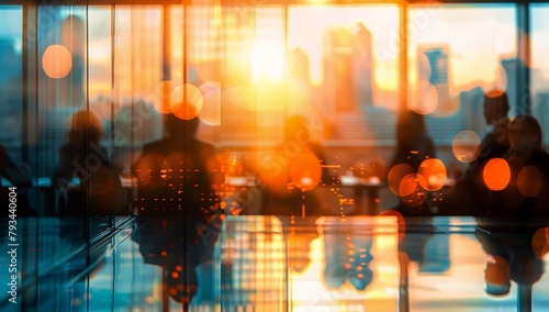 blurred people conference room city view lens flares executive industry banner shadowy informant crepuscule concentrated buildings clear glass corporate eye sunlit windows photo