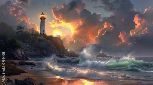 lighthouse rocky shore waves crashing heavenly lights harmony swirly clouds painted bright deep color sun rays beams angry light sunset deviant random arts photo
