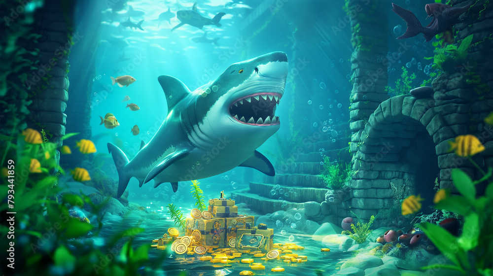 Fototapeta premium Big shark on the underwater and take care the gold coin, Illustration.