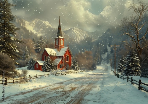 snowy scene red church steeple side breathtaking absolute peace quiet ambiance anarcho communist heaven fabulous illustrations photo