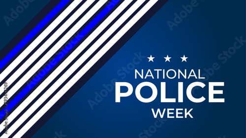 National Police Week vector banner design with American flag theme style with stripes, stars, typography, blue white and black colors. banner, cover, poster, flyer, brochure, for National Police Week.