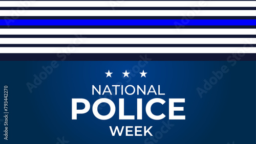 National Police Week vector banner design with American flag theme style with stripes, stars, typography, blue white and black colors. banner, cover, poster, flyer, brochure, for National Police Week.