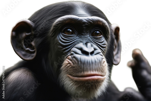 troglodytes chimpanzee young simia years old mammal closeup amusing animal ape black clowning creature cut-out entertaining grimacing happiness happy head indoor isolated on white monkey mouth open
 photo