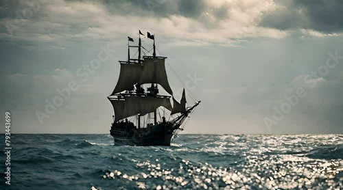 The Epic Saga of a Pirate Ship Amidst the Dramatic Stormy Sky photo