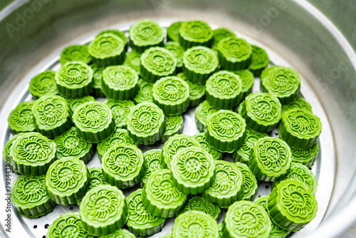 Green mugwort cake in steamer