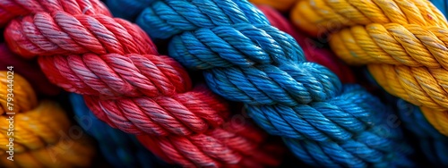 closeup ropes rope enterprise engine tonal merged interconnected blue red two tone dichotomy ultrahigh pair ribbed conflict connected color photo