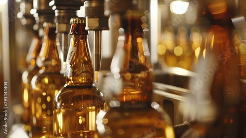 A close-up of bottles being filled with precision by automated nozzles, the golden hues of the beer contrasting with the stainless steel equipment, under the soft illumination of natural light.