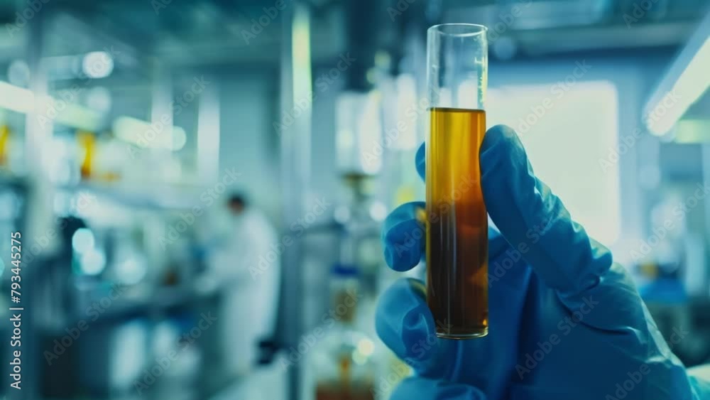 A gloved hand holding up a glass vial filled with a thick dark liquid labeled Biofuel Sample A. The background shows a bustling lab with scientists diligently working on various experiments . A gloved hand holding up a glass vial filled with a thick dark liquid labeled Biofuel Sample A. The background shows a bustling lab with scientists diligently working on various experiments .