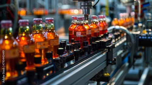A detailed view of the labeling machine applying branded labels to the bottles, the intricate designs and vibrant colors coming to life under the natural light that floods the factory.