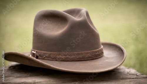 Cowboy hat on a wooden table in the countryside. Selective focus.