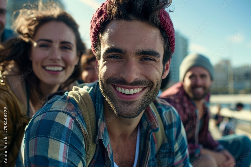 Group of friends having fun on the street. Group of people having fun outdoors. Group of friends having fun on the street. Group of people having fun outdoors.