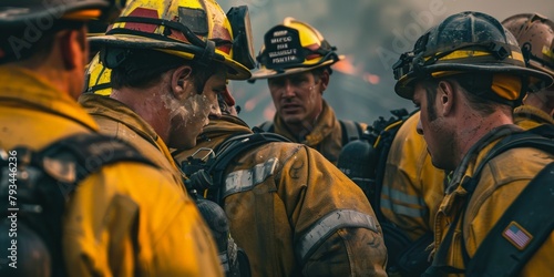 A moment of teamwork captured as firefighters huddle for a brief strategy discussion amidst the chaos, their gear marked by soot and water, signifying the intensity of their battle against the flames.