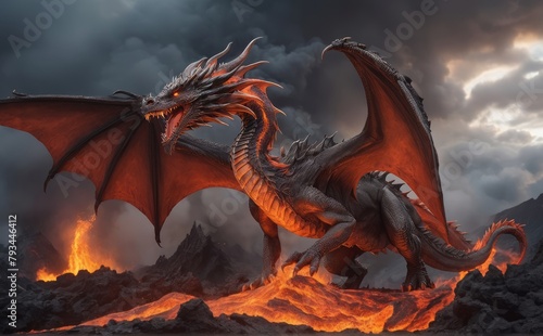 Majestic dragon blends with volcanic eruption against a dramatic