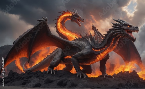 Majestic epic dragon blends with volcanic eruption © Easy