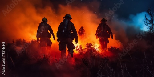 A night operation where the flames provide the only light, casting an eerie glow on the team as they maneuver through the darkness, a testament to the round-the-clock nature of their commitment.