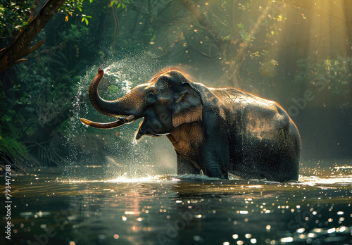 An elephant playfully splashing water with its trunk in the river, surrounded by lush greenery © Kien