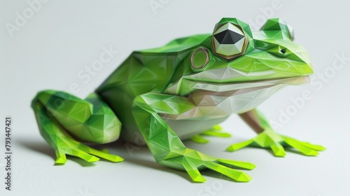 Green frog sits in a swamp. Slippery and vile animal. Low poly reptile on a white background. AI generated