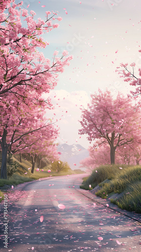 Country road lined with blooming cherry trees in spring, Soft pink petals falling, Gentle morning light with a serene and peaceful mood