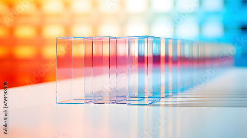 Digital technology refracted light over white wall and white table surface poster web page PPT background