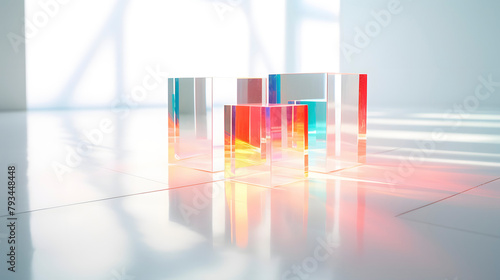 Digital technology refracted light over white wall and white table surface poster web page PPT background