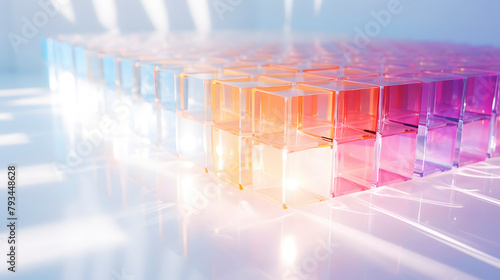 Digital technology refracted light over white wall and white table surface poster web page PPT background