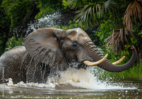 An elephant playfully splashing water with its trunk in the river  surrounded by lush greenery