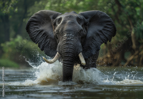 An elephant playfully splashing water with its trunk in the river, surrounded by lush greenery