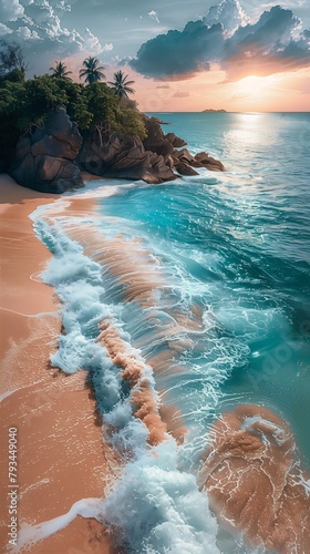 beach waves coming transparent flowing white robes color paradise fairyland morning dawn toned colors caribbean sand swirling dangerous photo