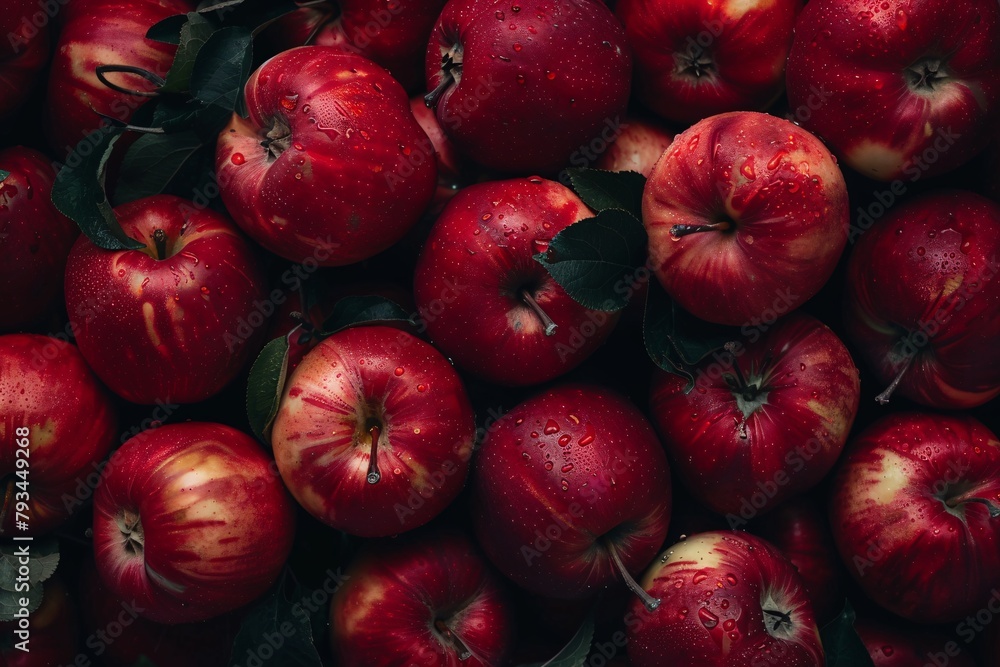 A close-up of fresh red apples with water droplets, showcasing rich colors and natural textures. A close-up of fresh red apples with water droplets, showcasing rich colors and natural textures.