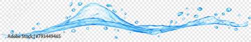 Long translucent water wave with drops, in light blue colors, isolated on transparent background. Transparency only in vector file