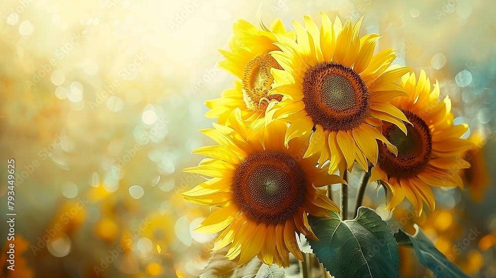 Naklejka premium three sunflowers vase blurry background toward sun rays caustics bright sunny daylight july row yellow sunbeam