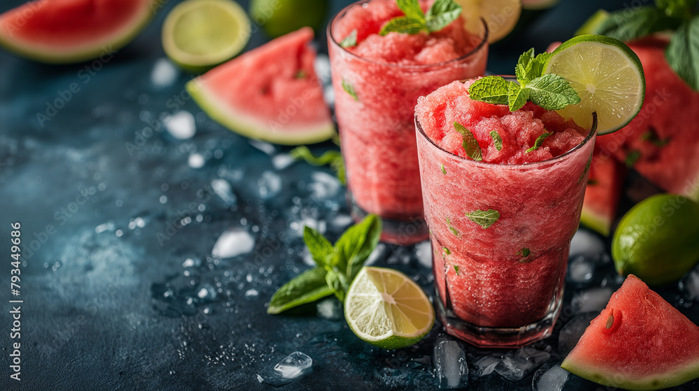 Watermelon slushie with lime, summer refreshing drink in tall glasses. Watermelon slushie with lime, summer refreshing drink in tall glasses.