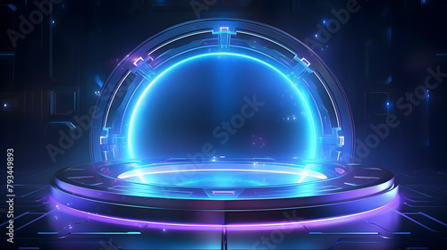 Digital technology glowing neon circle with light sparkles for game PPT background