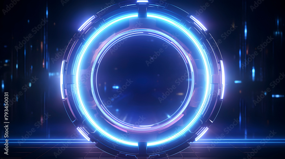 Digital technology glowing neon circle with light sparkles for game PPT background