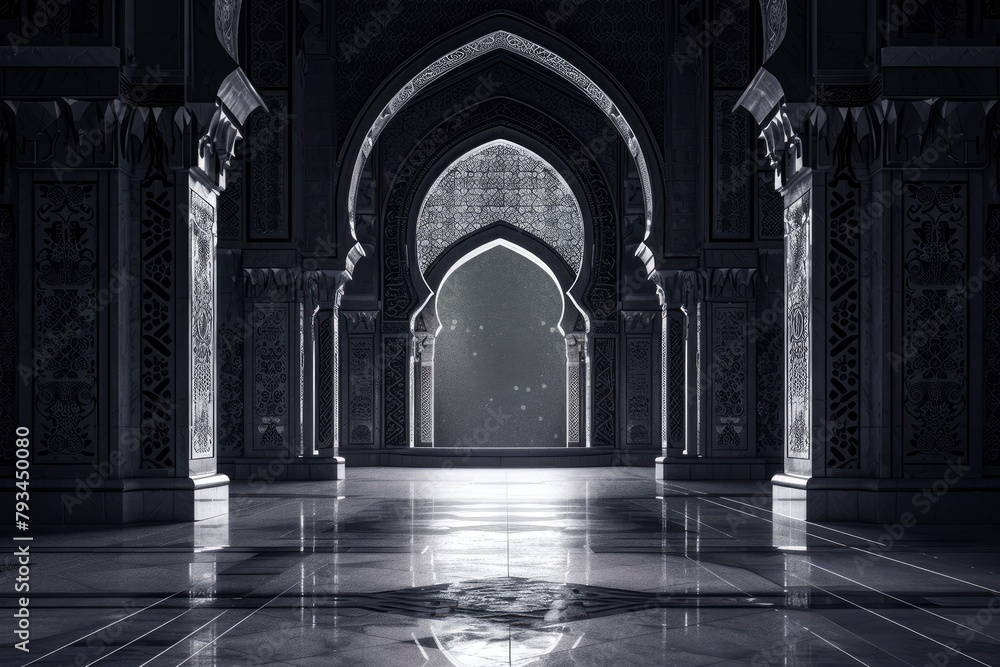 Islamic picture in black. into the interior of the Islamic mosque. Muslim Holy Month Ramadan Kareem .Ramadan Mubarak beautiful greeting card . Abstract background islamic - generative ai