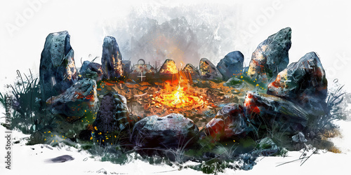 Ritual: The Circle of Stones and Fire - Imagine a circle of stones with a fire burning in the center, illustrating the communal nature of religious rituals