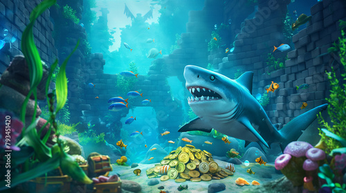 Big shark on the underwater and take care the gold coin, Illustration.