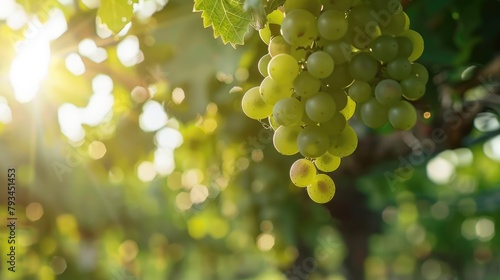 Green Grapes Hanging on a Tree in a Warm Environment Growing Immature Grapes in a Well Tended Modern Agricultural Setting with a Natural Vineyard Background