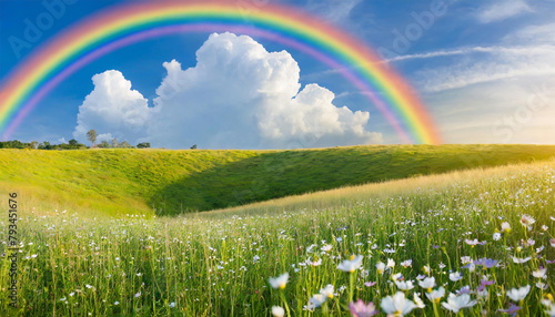青空にかかる虹と草原