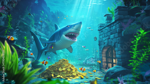 Big shark on the underwater and take care the gold coin, Illustration.