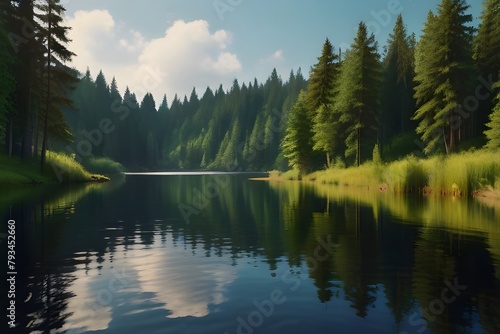 A beautiful natural landscape in the forest with a lake flowing amidst the forest and trees. seamless looping time-lapse virtual video animation background. Generated AI