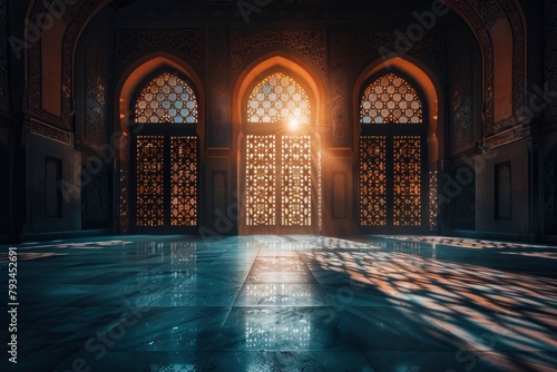 Islamic picture in black. into the interior of the Islamic mosque. Muslim Holy Month Ramadan Kareem .Ramadan Mubarak beautiful greeting card . Abstract background islamic - generative ai