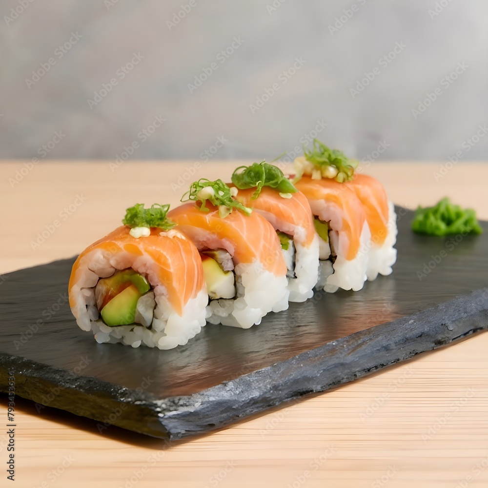 a sushi with salmon on a wooden tray, in the style of mushroomcore, stock photos, stock images a sushi with salmon on a wooden tray, in the style of mushroomcore, stock photos, stock images