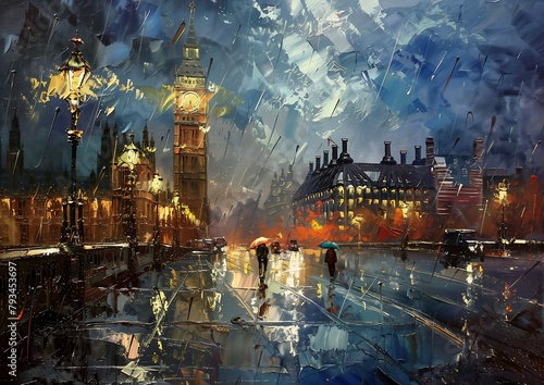 city scene clock tower couple walking rain fiery atmosphere blue paint splash big full reflections kindness falls expressive wet square eyes parliament stands easel