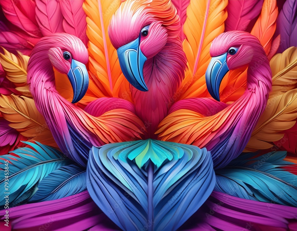 Fototapeta premium a bunch of flamingos made of colorful rainbow feathers