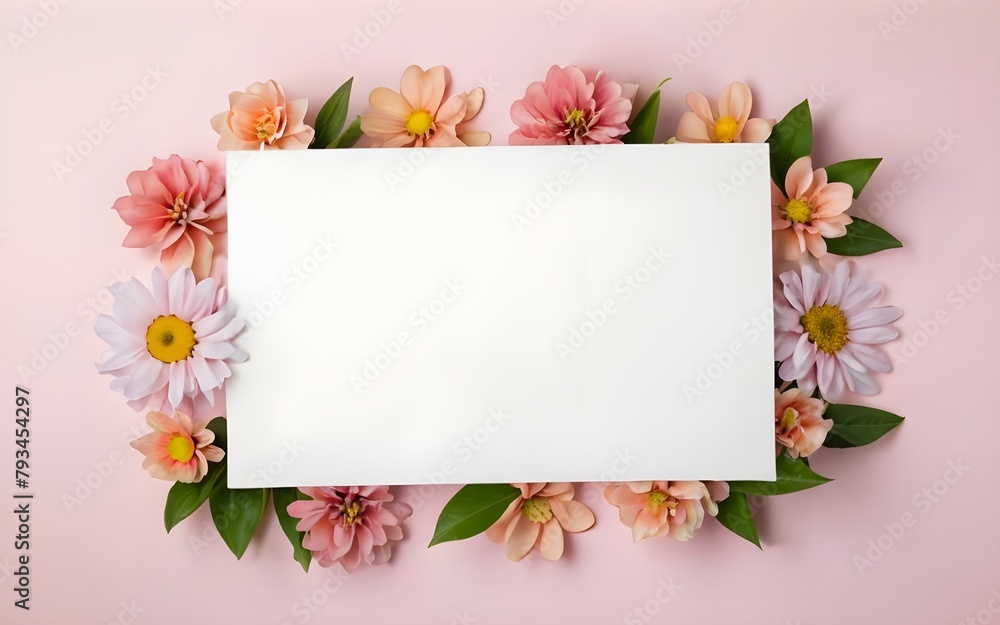 Postcard with a blank sheet surrounded by holographic shade exotic poppies on a pink background, silk blue ribbon aside, bokeh glitter floating, template for congratulations on March 8, mother's day