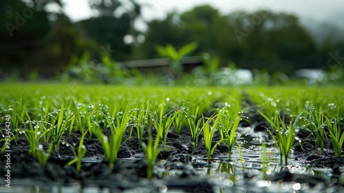A vibrant bed of young rice seedlings about 9 10 days old getting ready for transplantation in the rainy monsoon season