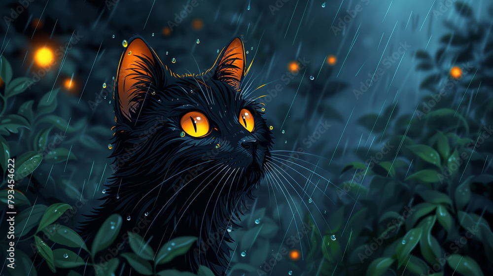 illustration of a cat in the rain flat style